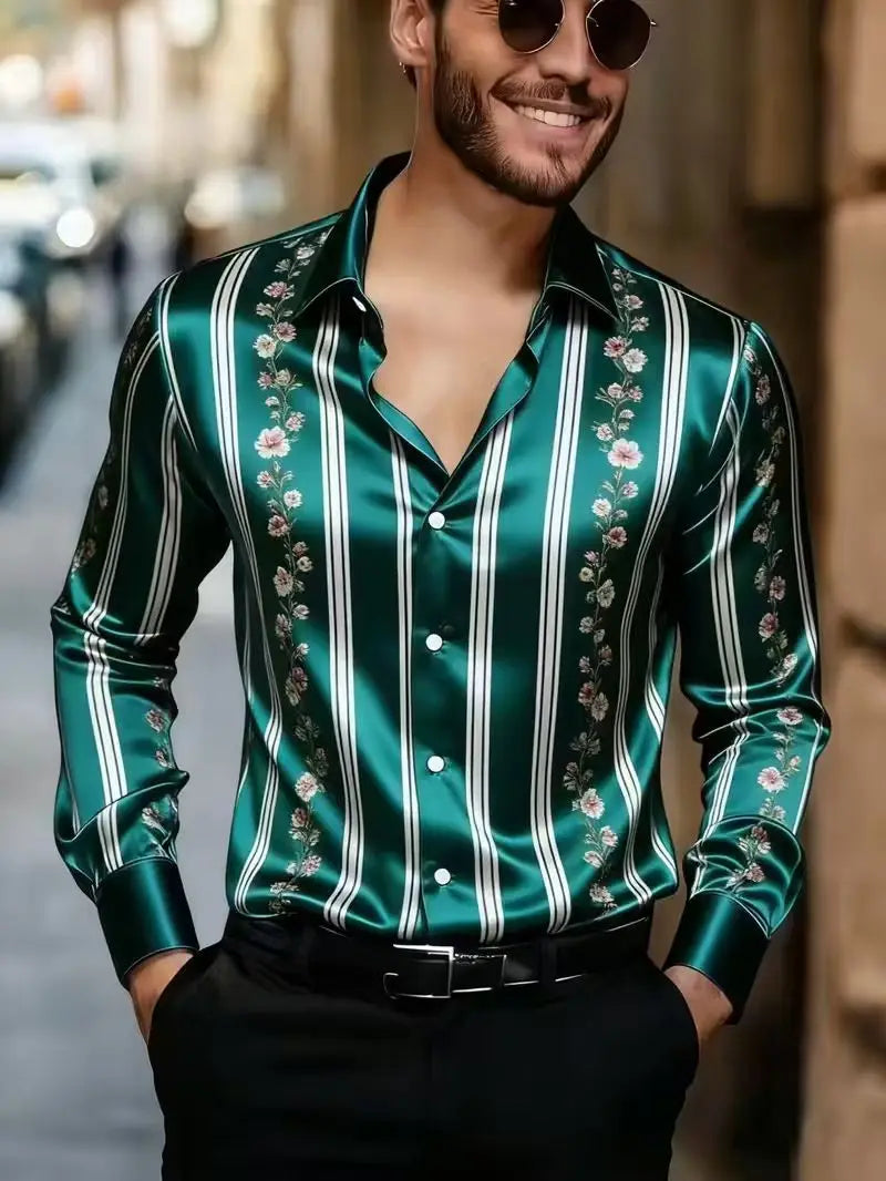 Nova camisa masculina estilosa com estampa 3D de chamas, design casual com botões e manga comprida.