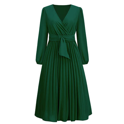 Vestido Elegante Feminino Verde de Chiffon com Manga Longa, Ajuste Slim, Plissado, Vestido de Festa com Decote em V e Cinto