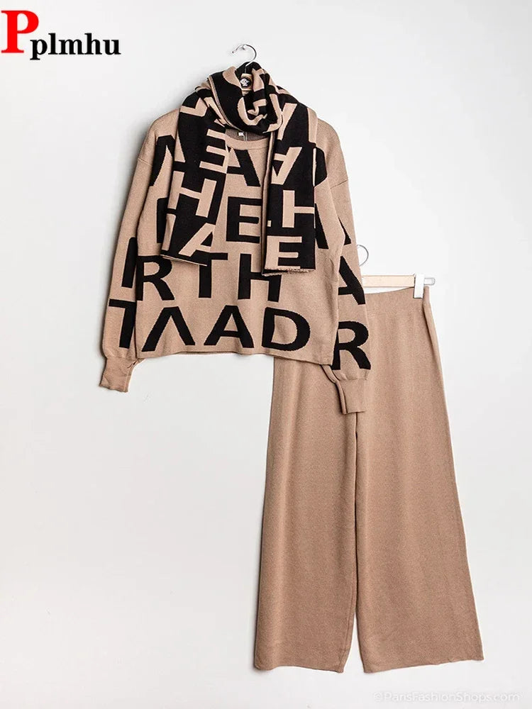 Casual malha outono inverno feminino 2 peça conjunto tornozelo comprimento calças de perna larga terno coreia carta impressão camisola topos cachecol conjunto