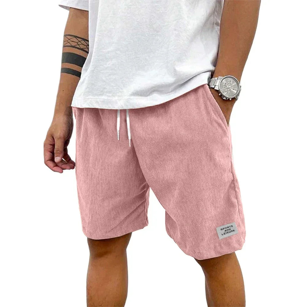Shorts casuais de verão em veludo cotelê leve para homens, ideais para praia, basquete e outras ocasiões. Cor sólida. Estilo streetwear com etiqueta.