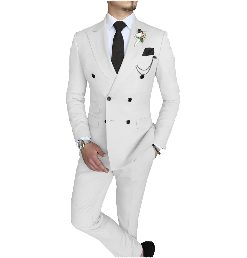 Terno slim fit trespassado masculino, jaqueta Peak Lapel, casual de negócios, blazer e calça de casamento, 2 peças