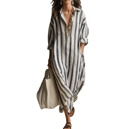 Novos Vestidos Listrados de Manga Longa, Vestido Camisa Solto com Decote em V, Saia Longa Boho para Mulheres, Primavera Verão