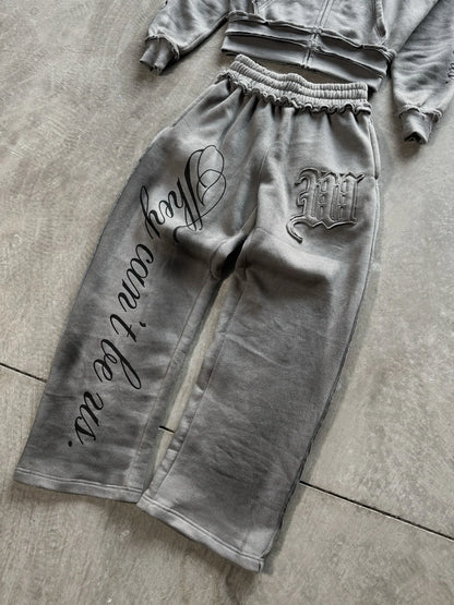 Conjunto de Moletom com Capuz e Zíper Frontal com Letras em Relevo Estilo Gótico e Calça Esportiva de Perna Larga, Estilo Linho Desgastado, Masculino e Feminino