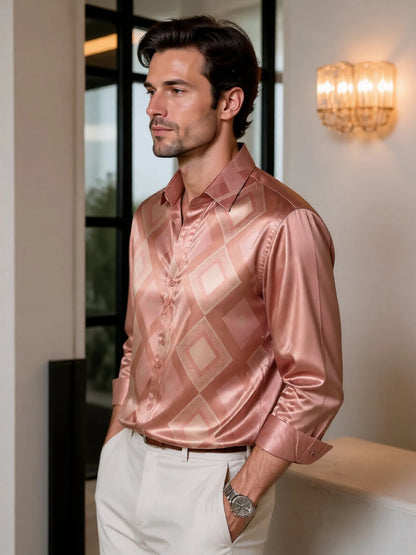 Camisa Social Masculina de Cetim com Manga Longa e Botões, Estampada, Tecido Liso e Brilhante, Ideal para o Dia a Dia, Escritório, Trabalho e Uso Diário