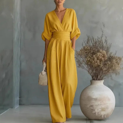2026 Deep V Neck Women's Jumpsuits Elegant Solid High Waist Rompers Casual Wide Leg Pants Pocket Overalls Vacation Outfit Loose
