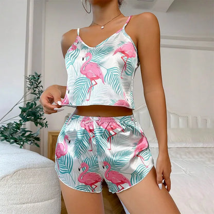 Conjunto de pijama de cetim com estampa de coração para mulheres sexy decote em v pijamas verão cami tops e shorts pijamas 2 peças roupas de casa