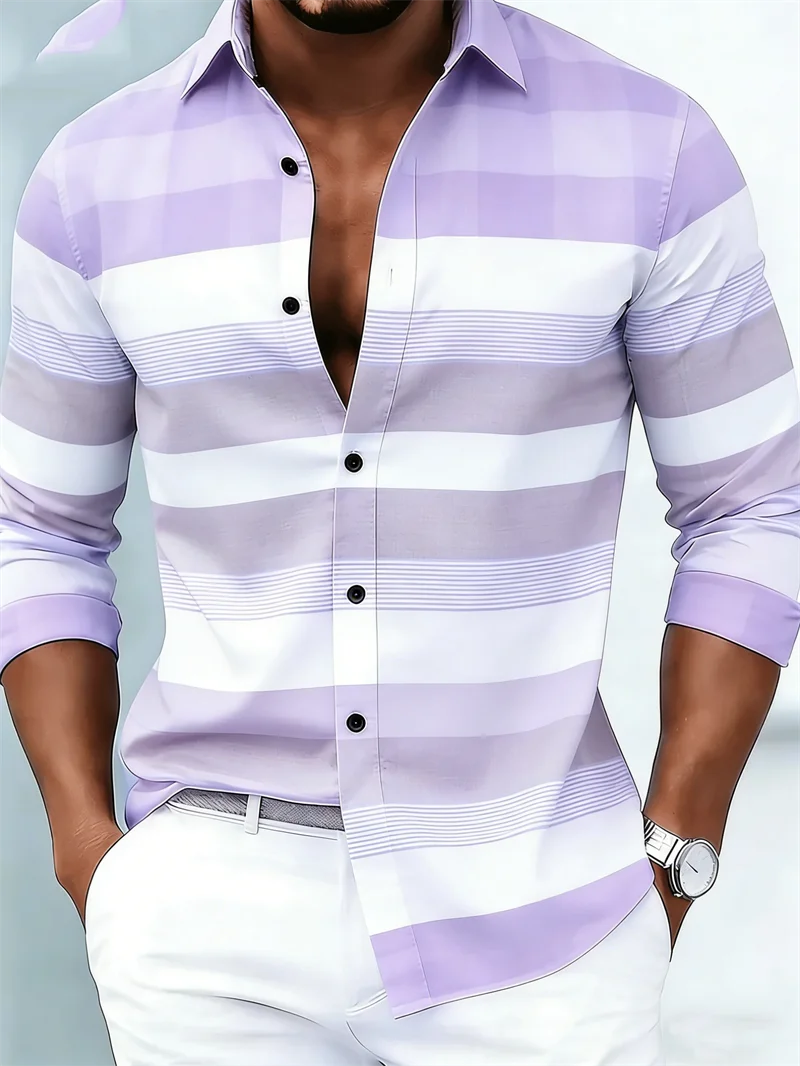 Nova camisa masculina de manga comprida, casual, com estampa 3D listrada, de alta qualidade, com fechamento de botão único.