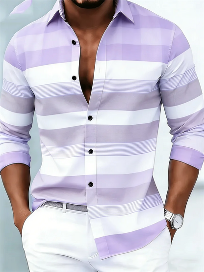Nova camisa masculina de manga comprida, casual, com estampa 3D listrada, de alta qualidade, com fechamento de botão único.