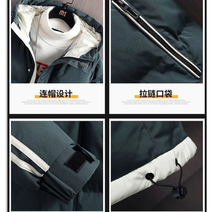 Jaqueta masculina listra moda cor combinando quente grosso high street com capuz zíper algodão-acolchoado casaco oversize cordão parka casaco