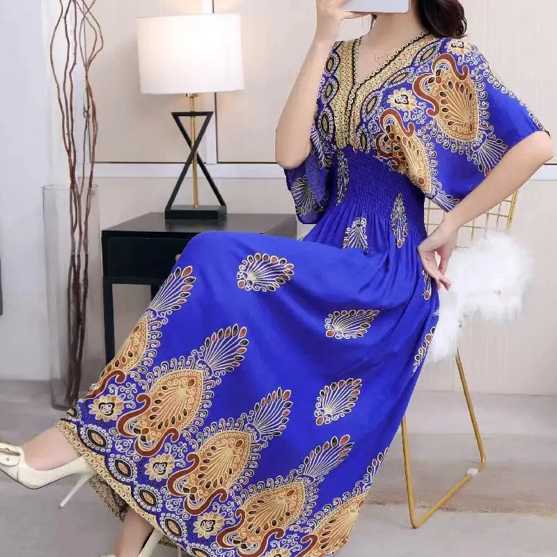 Flor colorida com decote em v elástico jovem boêmio doce midi vestido mulher roupas chique moda vestidos de verão 2025 grande balanço esqui