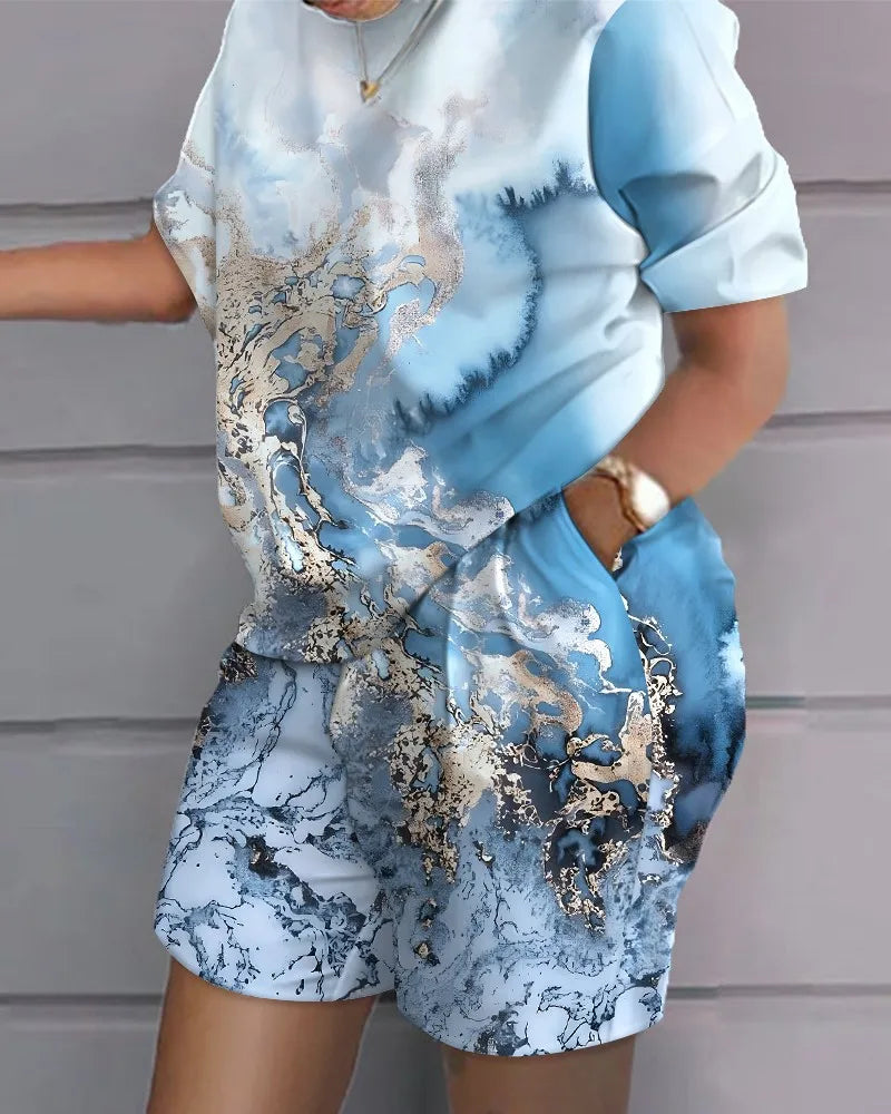 Conjunto de 2 peças de manga curta para mulheres, roupa casual, terno de bolso com estampa gradiente, camiseta feminina e shorts, verão, 2022