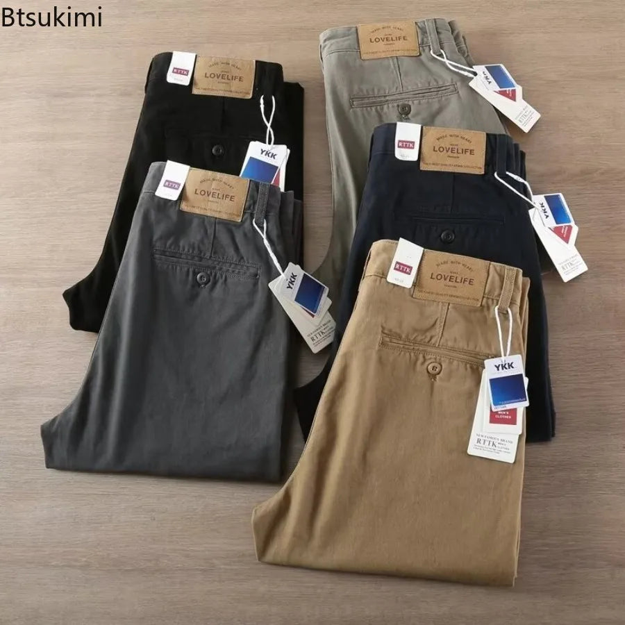 Novo 2026men primavera e outono retro conforto calças retas calças lavadas macacão 100% algodão moda solta calças casuais masculino