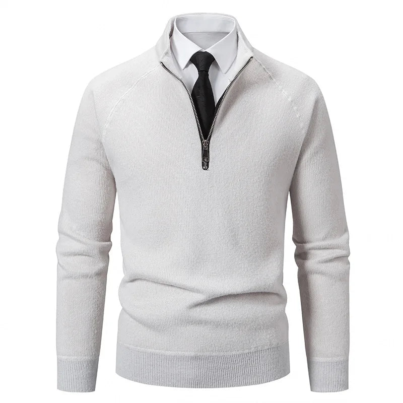 Suéter Masculino de Tricô com Meio Zíper, Gola Alta, Bordado, Casual, Moderno, Inverno, Grosso, Fibra de Poliéster, Manga Longa