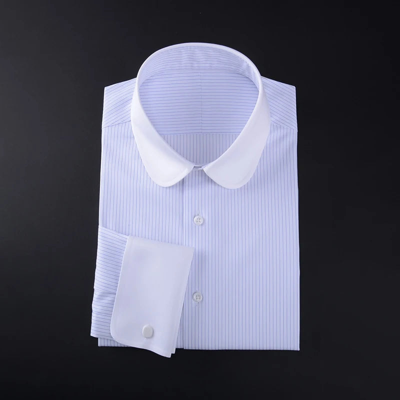 Camisa masculina clássica com gola Eton, gola arredondada, manga comprida, 100% algodão, punho regular, branca, personalizada para homens.