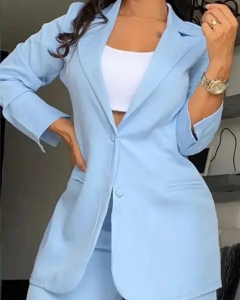 Conjunto de Duas Peças para Mulheres, Moda de Outono, Blazer de Manga Longa com Colarinho e Calças Elegantes com Design de Bolsos