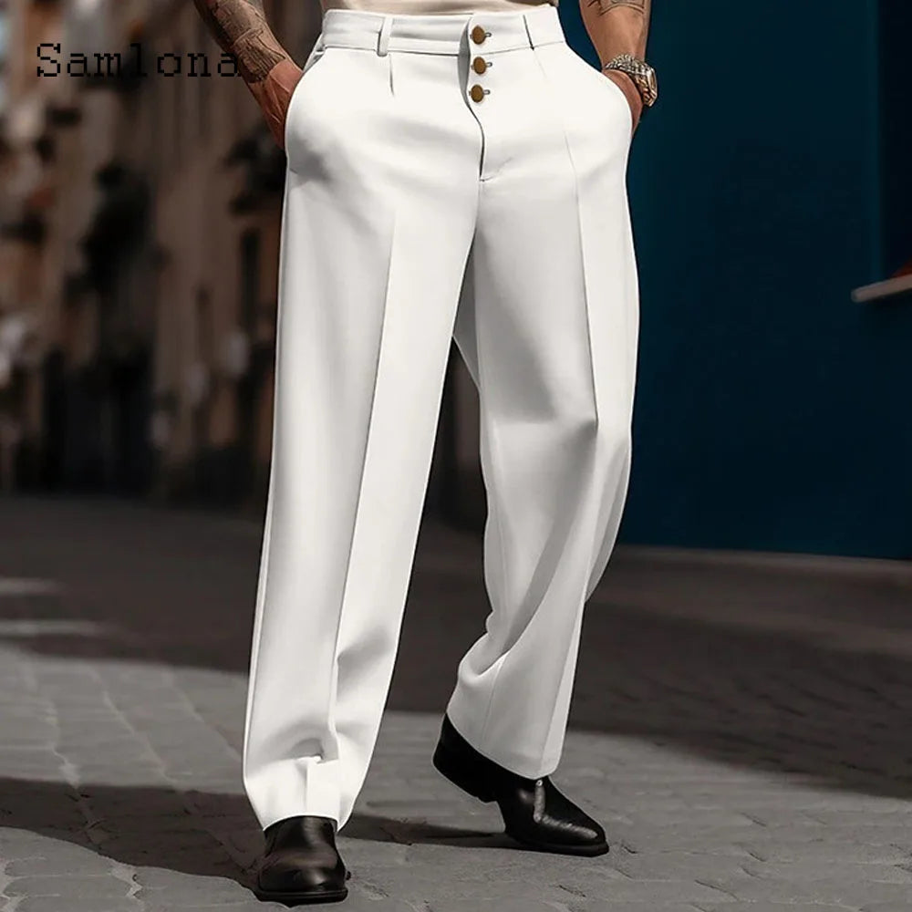 2023 masculino suporte bolso elegante calças de perna larga sólido branco festa de casamento calças plus size moda masculina botões até terno calças