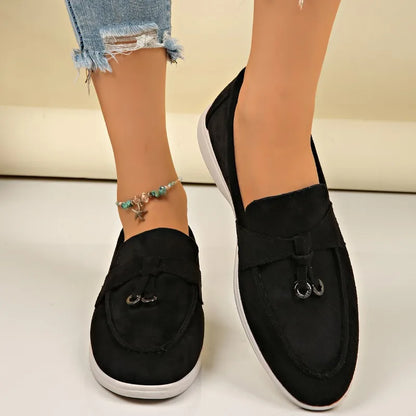 Sapatos Casuais Femininos de Couro Suede com Fivela Metálica, Antiderrapantes e Confortáveis para o Dia a Dia