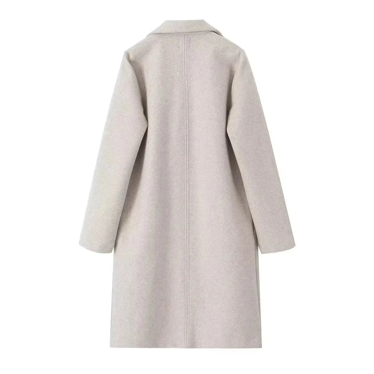 Casaco feminino de lã, modelo trench coat longo, liso, com costura aberta, decote em V vintage e mangas compridas. Ideal para um look feminino elegante.