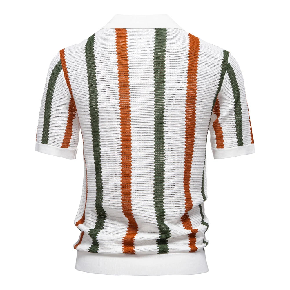 AIOPESON Men's Ribbed Knit Polo Shirt For Breathable Striped Casual Wear with Comfortable Collar High quality Male Polo Shirt