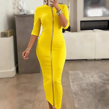 Vestido Lápis Preto Sólido com Manga Curta, Cintura Marcada, Comprimento Midi, Zíper Frontal, Gola Redonda, Ajuste Perfeito e Elegante