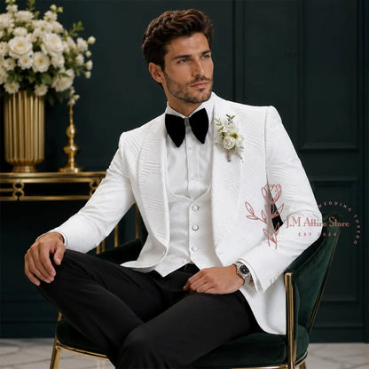 Terno de Casamento Masculino de Alta Costura Branco para Noivo, 3 Peças, com Blazer Jacquard de Lapela Xale, Colete e Calças Pretas, Conjunto Formal Slim Fit
