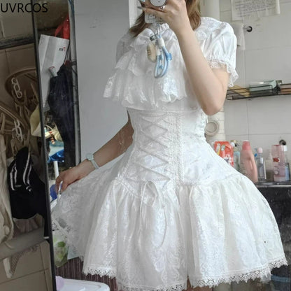 Estilo gótico japonês strass arco saia conjunto feminino doce rendas babados camisas bandagem fina mini saia feminina lolita y2k outfits