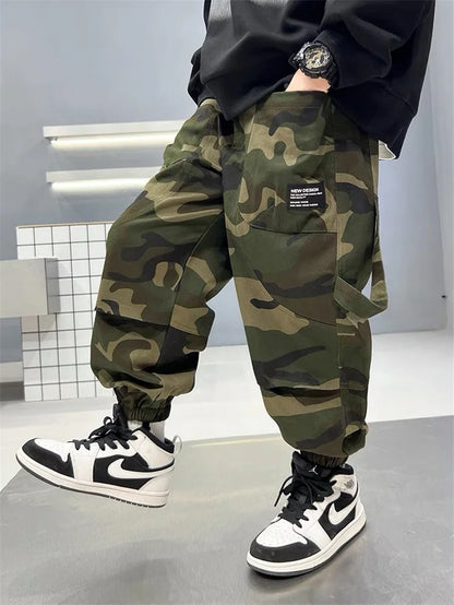 Meninos camuflagem calças de carga outono grandes crianças casuais calças esportivas primavera adolescente joggers crianças streetwear calças largas
