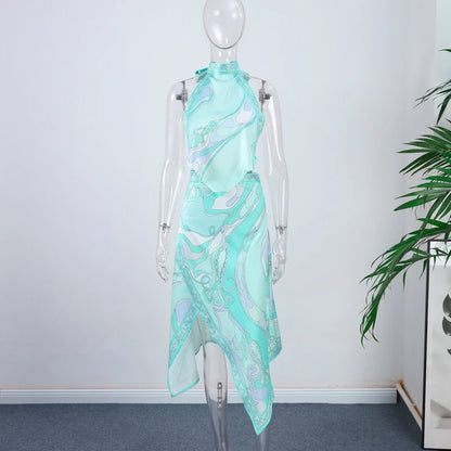Vestido Feminino Estampado Mini Sem Costas Halter Cintura Alta com Saia Evasê Modeladora Casual Moderno Estilo Urbano