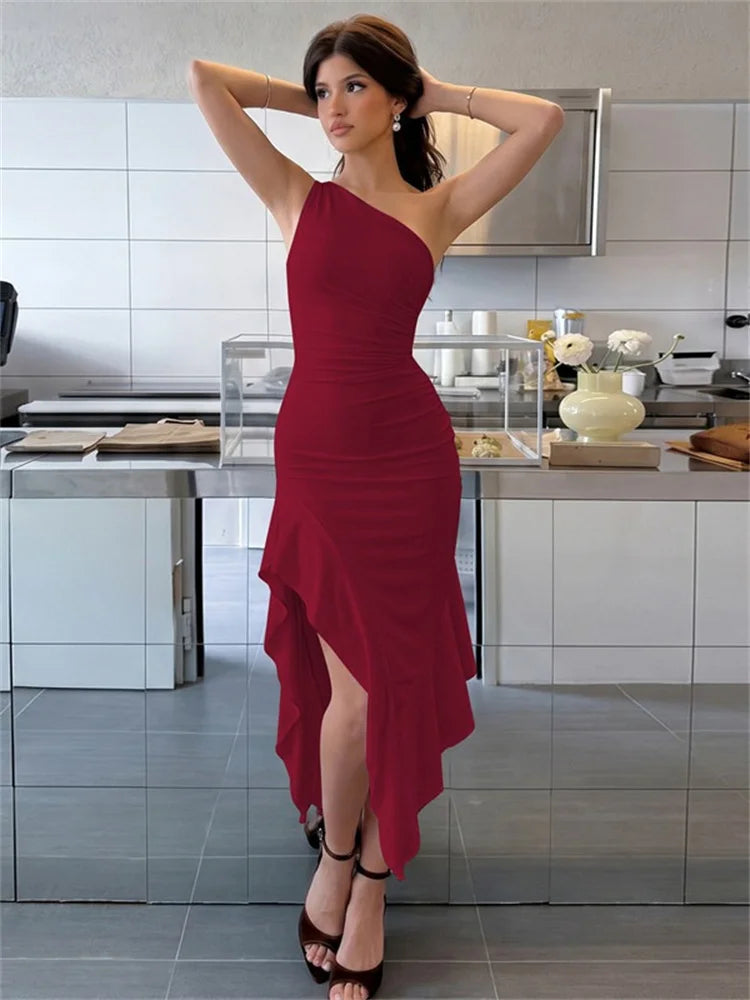 Vestido Midi Elegante Tossy de Um Ombro Só com Drapeado e Babado Assimétrico para Mulheres - Perfeito para Verão, Praia, Férias, Festas e Baladas