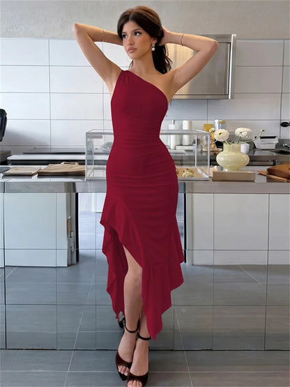 Vestido Midi Elegante Tossy de Um Ombro Só com Drapeado e Babado Assimétrico para Mulheres - Perfeito para Verão, Praia, Férias, Festas e Baladas