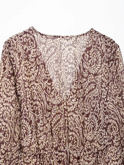 novo produto feminino empilhado decorativo impresso com decote em v midi vestido moda retro padrão impresso saia