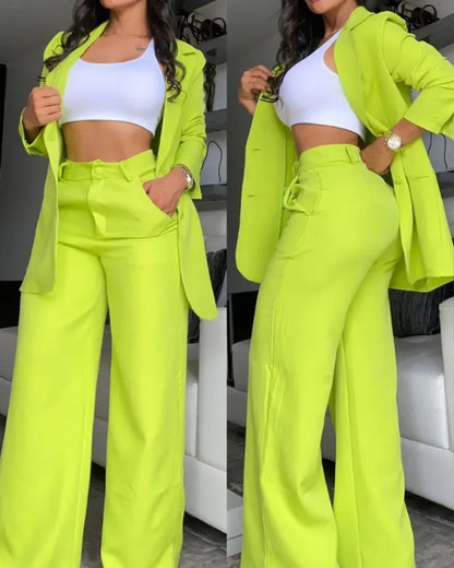 Elegante outono feminino blazer e calças conjunto de duas peças roupas femininas moda gola entalhada casaco & bolso design calças terno