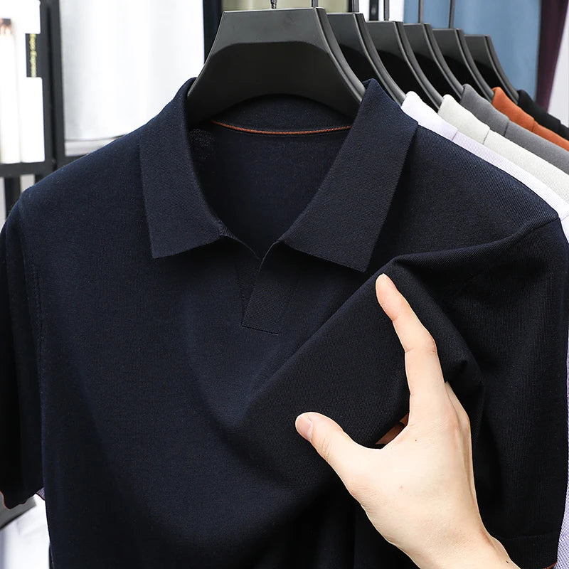 100% Lyocell malhas 2025 homens primavera verão na moda turn down collar malha camisetas manga curta respirável malha topos