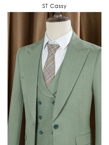 Conjunto de Terno Masculino ST Cassy Novo Estilo Fino de Três Peças Verde Slim Fit Formal para Escritório (jaqueta+colete+calças)