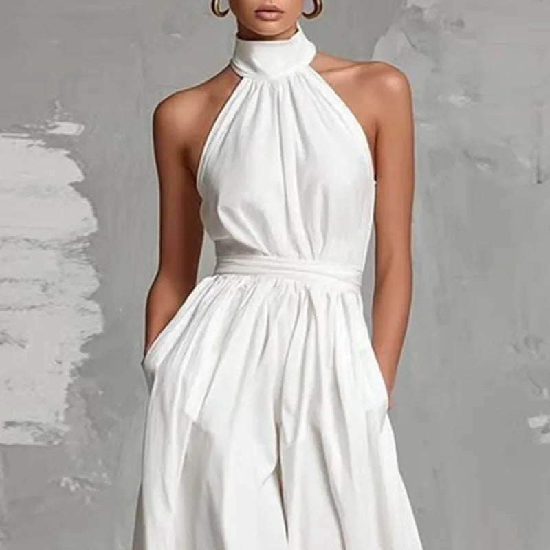 Macacão Feminino Novo de Primavera com Decote Halter, Renda Vazada, Cintura Alta, Sem Mangas, Bolsos e Pernas Largas - Perfeito para o Verão