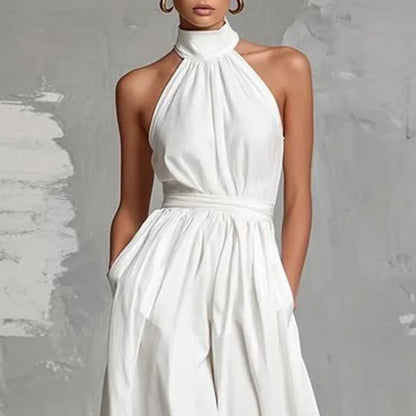 Macacão Feminino Novo de Primavera com Decote Halter, Renda Vazada, Cintura Alta, Sem Mangas, Bolsos e Pernas Largas - Perfeito para o Verão