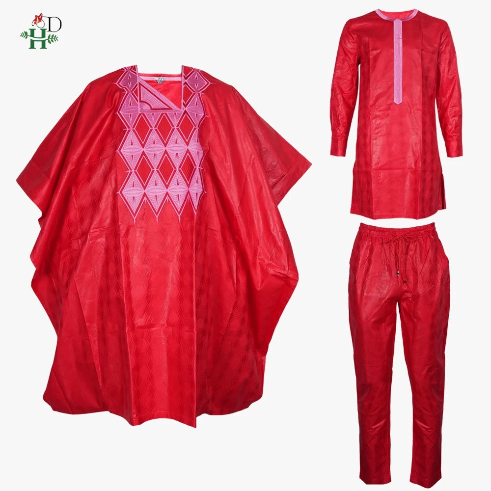 Roupas Africanas H&D para Homens, Conjuntos Tradicionais Agbada 3 Peças, Bordado Bazin Riche, Trajes de Casamento para Casais, Trajes Femininos Boubo