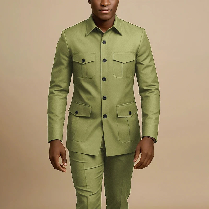 Terno Masculino Marrom de Quatro Bolsos com Lapela Pontiaguda, Casual de Negócios, Formal, Slim Fit, Conjunto de 2 Peças (Jaqueta e Calça)