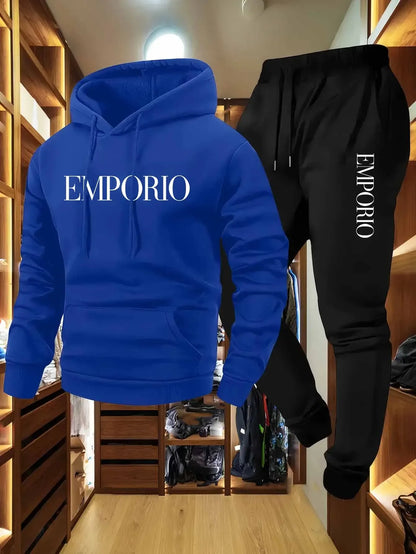 Conjunto de agasalho de cor sólida masculino, moletom quente de inverno com capuz e corredores, roupa casual streetwear, roupas atléticas de treino de ginástica
