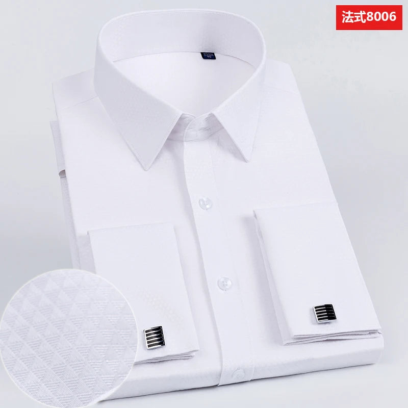 Camisa masculina com abotoaduras francesas, ajuste fino de manga comprida, manga de negócios, sem unhas, camisa formal masculina de cor sólida