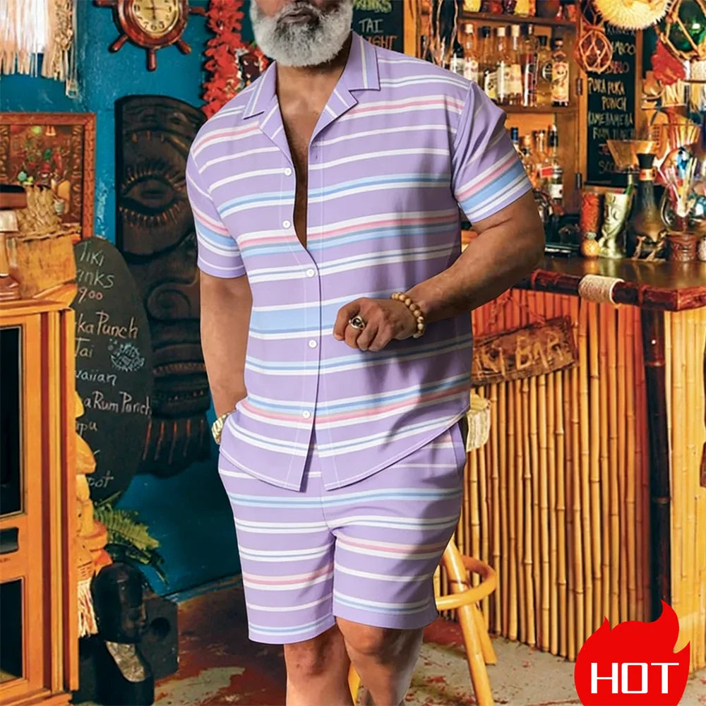 Conjunto masculino de verão com listras e padrão fashion, conjunto de duas peças, estilo casual havaiano, conjunto masculino de duas peças respirável.