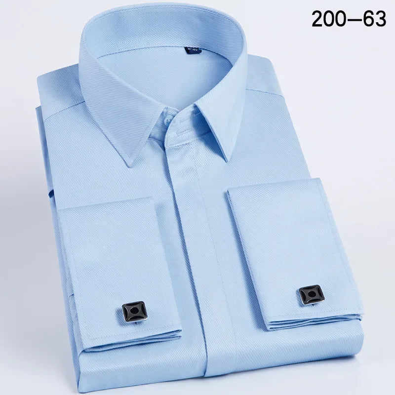 Qualidade masculina abotoaduras francesas camisa botão escondido camisa masculina manga longa casual fino ajuste manguito camisas de vestido (abotoaduras incluídas)