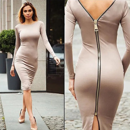 Vestido Feminino de Manga Longa com Decote Redondo e Cor Sólida para o Dia a Dia, com Bolso Lateral e Zíper, Design Elegante para Noite e Aniversário