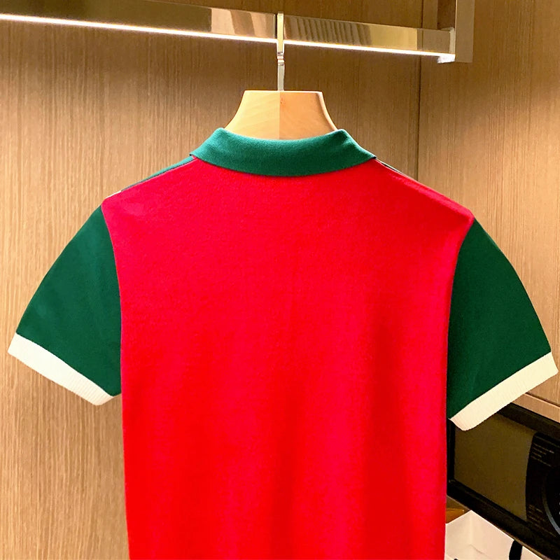 Camisa polo de retalhos listrado masculino, tops de malha casual, camiseta de manga curta, moda verão, nova, 2022, Z18