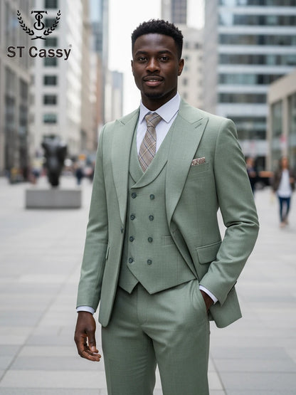 Conjunto de Terno Masculino ST Cassy Novo Estilo Fino de Três Peças Verde Slim Fit Formal para Escritório (jaqueta+colete+calças)