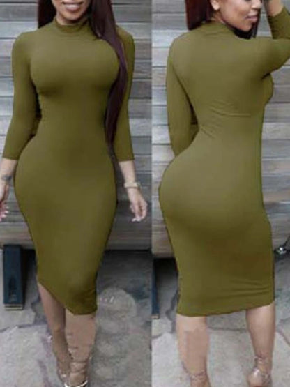 Vestido justo e elástico de cor sólida, sexy, feminino, com mangas compridas, cintura marcada, elegante para festas e baladas.