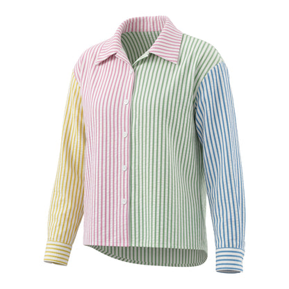 Camisa feminina Gadinus com listras coloridas e manga comprida, blusa casual com botões, ajuste padrão