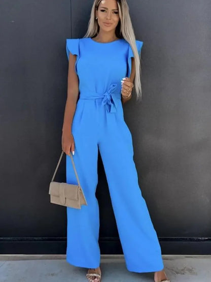 Elegante moda feminina branco borboleta manga macacão sólido casual o-pescoço cintos perna larga playsuit verão senhora do escritório macacões