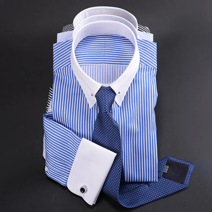 Camisa francesa justa-fit listrada masculina, gola império, manga longa, tendência de negócios
