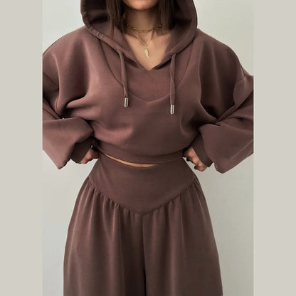 Casual sólido com capuz recortado moletom calça conjunto feminino solto com capuz cintura alta calças de perna larga 2026 primavera senhora chique outfit novo